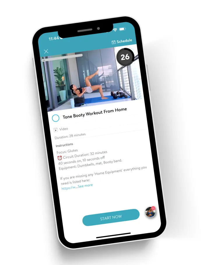 Workout screen in the SWEATNGLOW app, gym and home versions